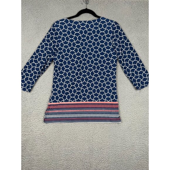 La Vanya Womens Blouse Metal Cut Out Collar 3/4 Sleeves Blue/White Petite PM - Picture 8 of 9